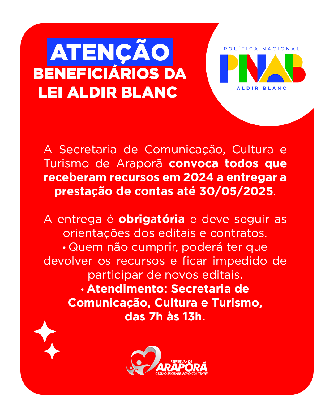 Imagem destaque notícia ⚠️ ATENÇÃO BENEFICIÁRIOS DA LEI ALDIR BLANC